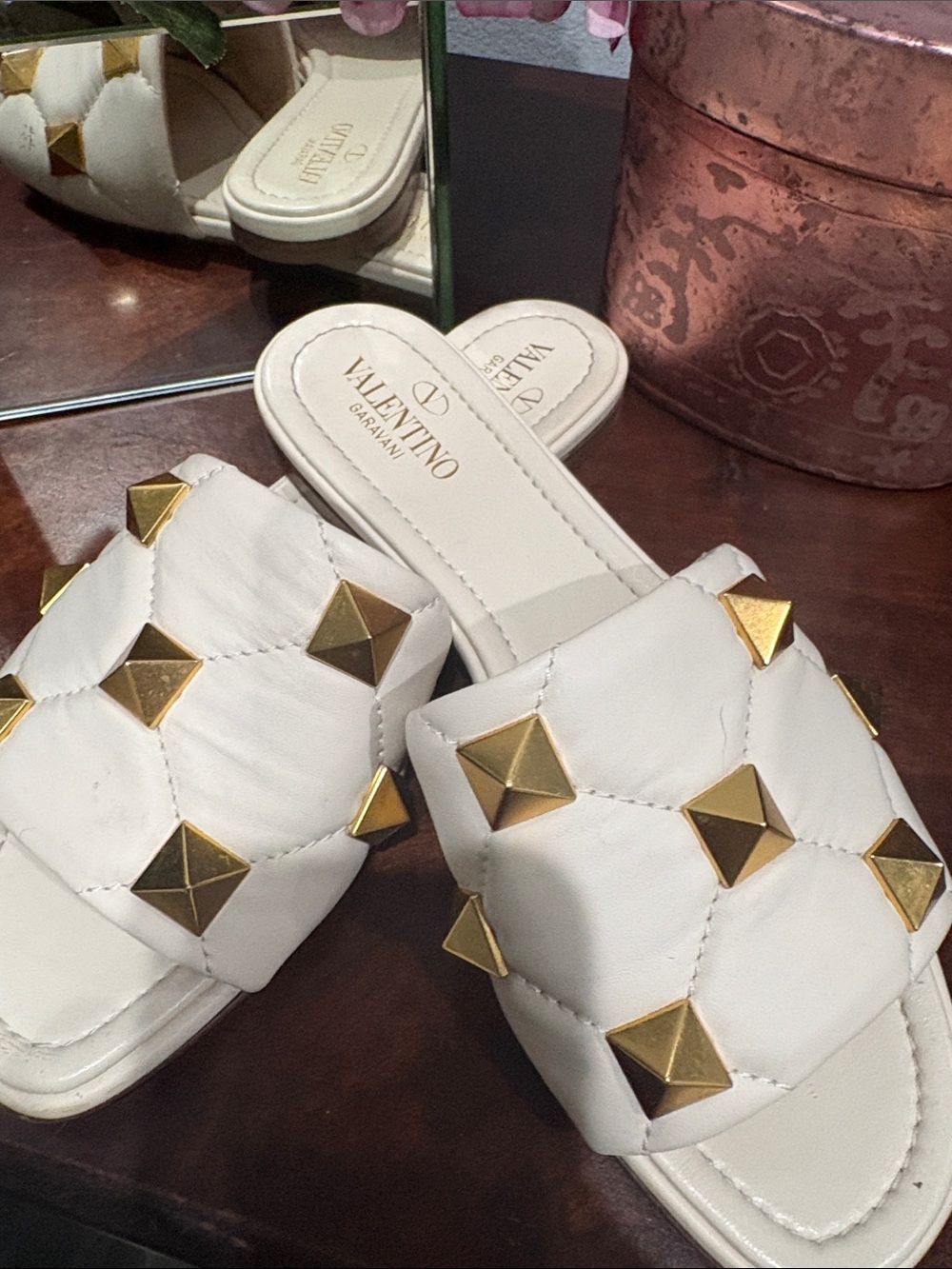 Valentino White Quilted Leather Slide Sandals with Gold Studs